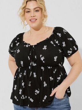 Disney Black Short-Sleeve Peplum Top with White Character Print